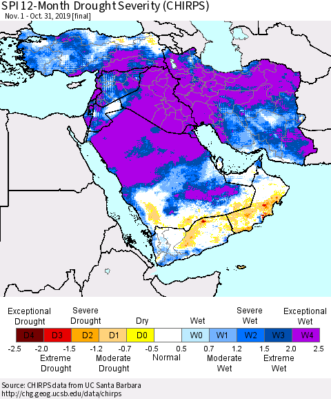 Middle East and Turkey SPI 12-Month Drought Severity (CHIRPS) Thematic Map For 11/1/2018 - 10/31/2019