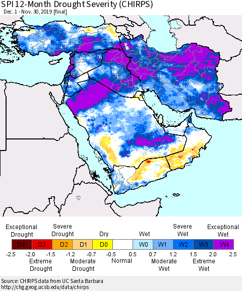 Middle East and Turkey SPI 12-Month Drought Severity (CHIRPS) Thematic Map For 12/1/2018 - 11/30/2019