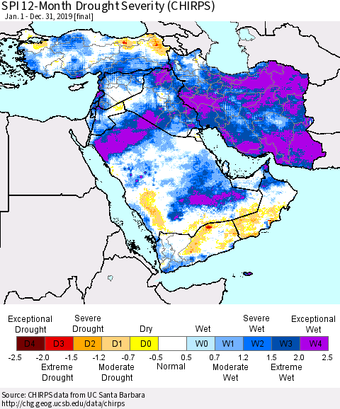 Middle East and Turkey SPI 12-Month Drought Severity (CHIRPS) Thematic Map For 1/1/2019 - 12/31/2019