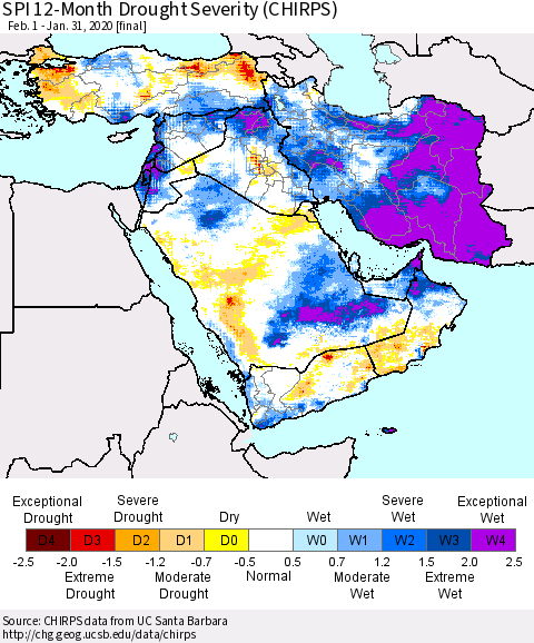Middle East and Turkey SPI 12-Month Drought Severity (CHIRPS) Thematic Map For 2/1/2019 - 1/31/2020