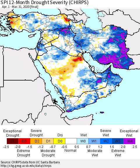 Middle East and Turkey SPI 12-Month Drought Severity (CHIRPS) Thematic Map For 4/1/2019 - 3/31/2020