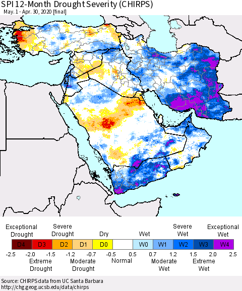 Middle East and Turkey SPI 12-Month Drought Severity (CHIRPS) Thematic Map For 5/1/2019 - 4/30/2020