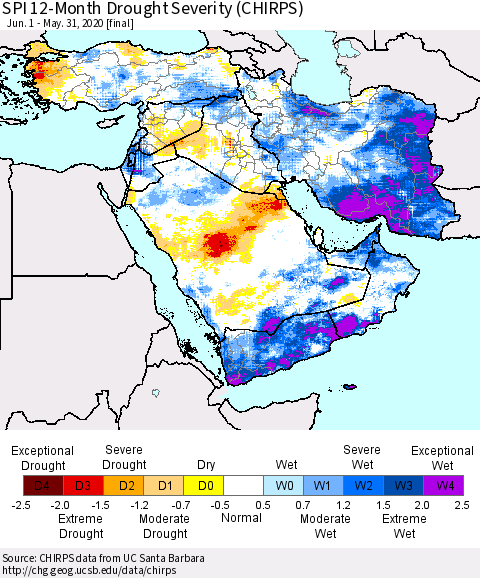 Middle East and Turkey SPI 12-Month Drought Severity (CHIRPS) Thematic Map For 6/1/2019 - 5/31/2020