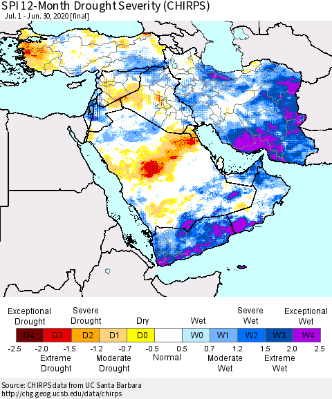 Middle East and Turkey SPI 12-Month Drought Severity (CHIRPS) Thematic Map For 7/1/2019 - 6/30/2020