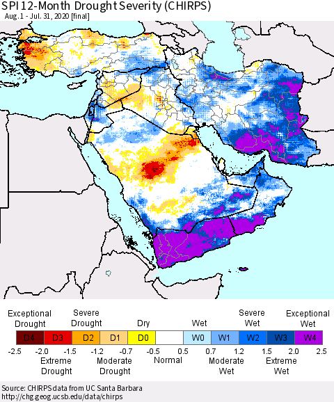 Middle East and Turkey SPI 12-Month Drought Severity (CHIRPS) Thematic Map For 8/1/2019 - 7/31/2020