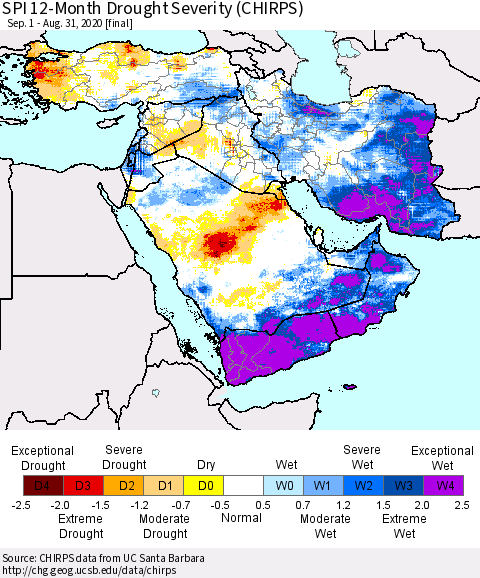 Middle East and Turkey SPI 12-Month Drought Severity (CHIRPS) Thematic Map For 9/1/2019 - 8/31/2020