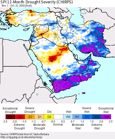 Middle East and Turkey SPI 12-Month Drought Severity (CHIRPS) Thematic Map For 11/1/2019 - 10/31/2020