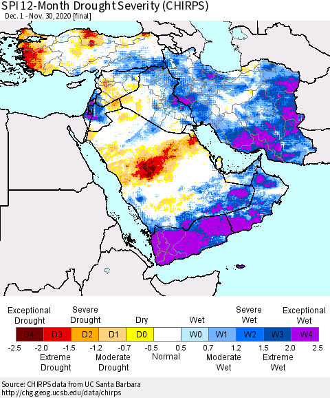 Middle East and Turkey SPI 12-Month Drought Severity (CHIRPS) Thematic Map For 12/1/2019 - 11/30/2020