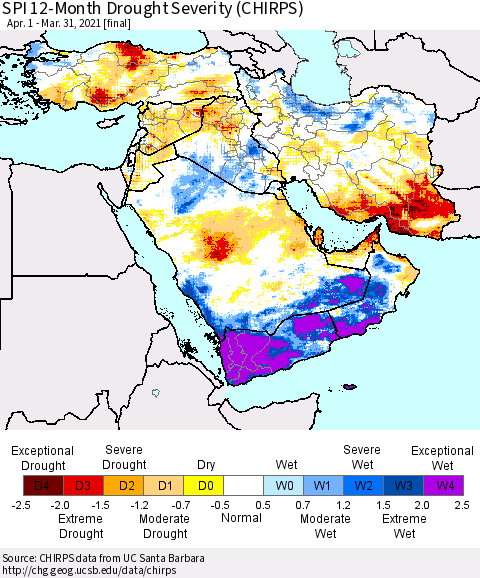 Middle East and Turkey SPI 12-Month Drought Severity (CHIRPS) Thematic Map For 4/1/2020 - 3/31/2021