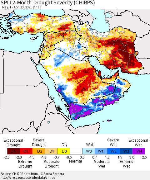Middle East and Turkey SPI 12-Month Drought Severity (CHIRPS) Thematic Map For 5/1/2020 - 4/30/2021