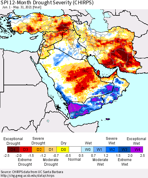 Middle East and Turkey SPI 12-Month Drought Severity (CHIRPS) Thematic Map For 6/1/2020 - 5/31/2021