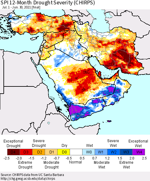 Middle East and Turkey SPI 12-Month Drought Severity (CHIRPS) Thematic Map For 7/1/2020 - 6/30/2021