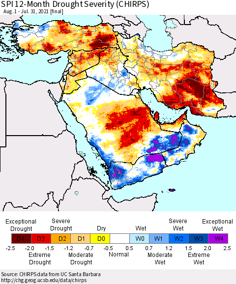 Middle East and Turkey SPI 12-Month Drought Severity (CHIRPS) Thematic Map For 8/1/2020 - 7/31/2021