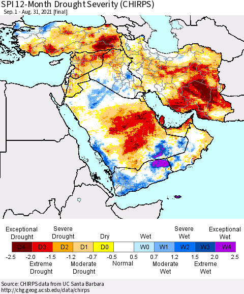 Middle East and Turkey SPI 12-Month Drought Severity (CHIRPS) Thematic Map For 9/1/2020 - 8/31/2021