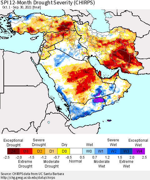 Middle East and Turkey SPI 12-Month Drought Severity (CHIRPS) Thematic Map For 10/1/2020 - 9/30/2021