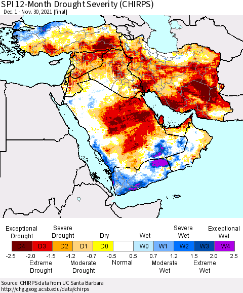 Middle East and Turkey SPI 12-Month Drought Severity (CHIRPS) Thematic Map For 12/1/2020 - 11/30/2021