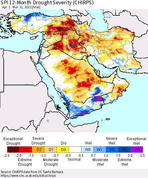 Middle East and Turkey SPI 12-Month Drought Severity (CHIRPS) Thematic Map For 4/1/2021 - 3/31/2022