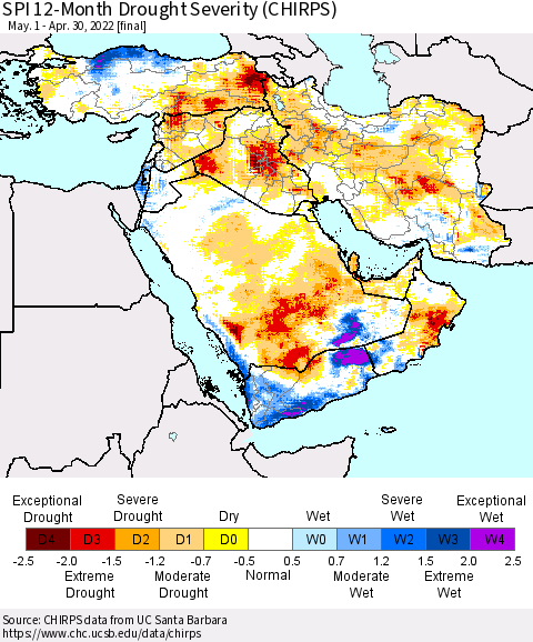 Middle East and Turkey SPI 12-Month Drought Severity (CHIRPS) Thematic Map For 5/1/2021 - 4/30/2022