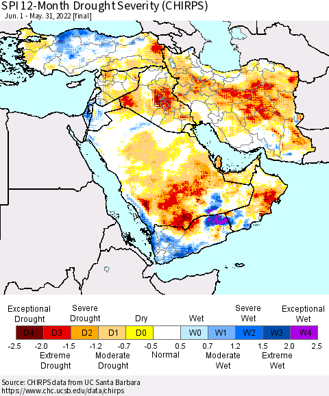 Middle East and Turkey SPI 12-Month Drought Severity (CHIRPS) Thematic Map For 6/1/2021 - 5/31/2022