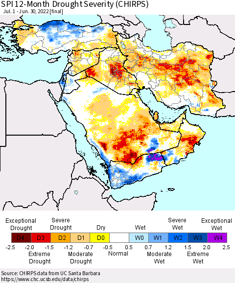 Middle East and Turkey SPI 12-Month Drought Severity (CHIRPS) Thematic Map For 7/1/2021 - 6/30/2022