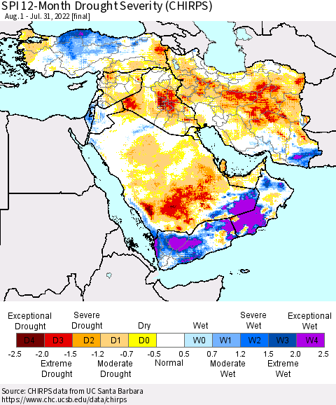 Middle East and Turkey SPI 12-Month Drought Severity (CHIRPS) Thematic Map For 8/1/2021 - 7/31/2022