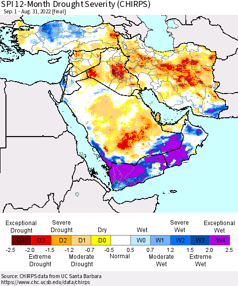 Middle East and Turkey SPI 12-Month Drought Severity (CHIRPS) Thematic Map For 9/1/2021 - 8/31/2022