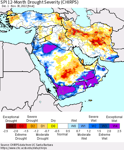 Middle East and Turkey SPI 12-Month Drought Severity (CHIRPS) Thematic Map For 12/1/2021 - 11/30/2022