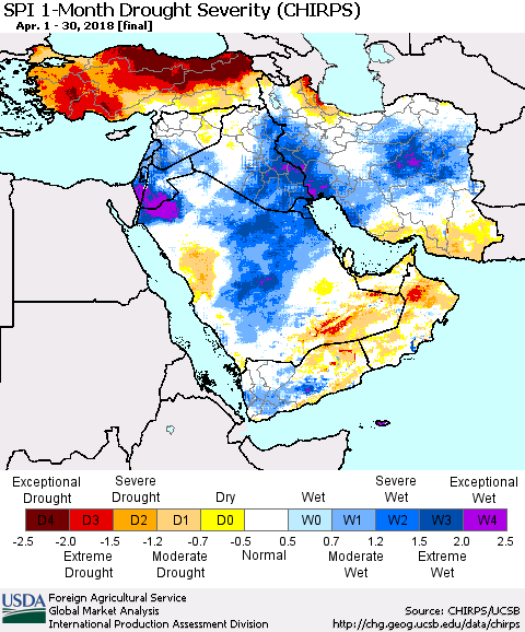 Middle East and Turkey SPI 1-Month Drought Severity (CHIRPS) Thematic Map For 4/1/2018 - 4/30/2018