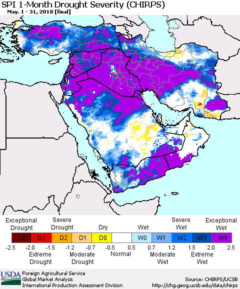 Middle East and Turkey SPI 1-Month Drought Severity (CHIRPS) Thematic Map For 5/1/2018 - 5/31/2018