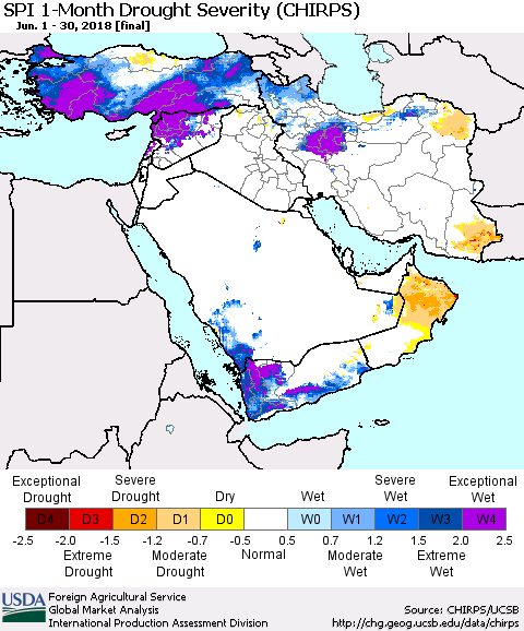 Middle East and Turkey SPI 1-Month Drought Severity (CHIRPS) Thematic Map For 6/1/2018 - 6/30/2018