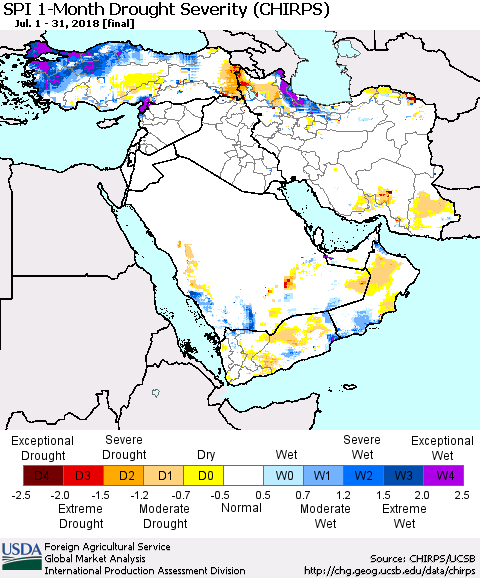 Middle East and Turkey SPI 1-Month Drought Severity (CHIRPS) Thematic Map For 7/1/2018 - 7/31/2018