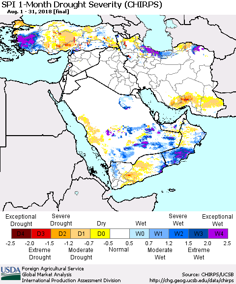 Middle East and Turkey SPI 1-Month Drought Severity (CHIRPS) Thematic Map For 8/1/2018 - 8/31/2018
