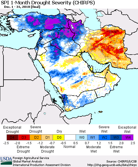 Middle East and Turkey SPI 1-Month Drought Severity (CHIRPS) Thematic Map For 12/1/2018 - 12/31/2018