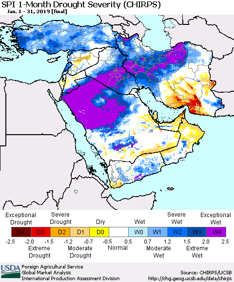 Middle East and Turkey SPI 1-Month Drought Severity (CHIRPS) Thematic Map For 1/1/2019 - 1/31/2019