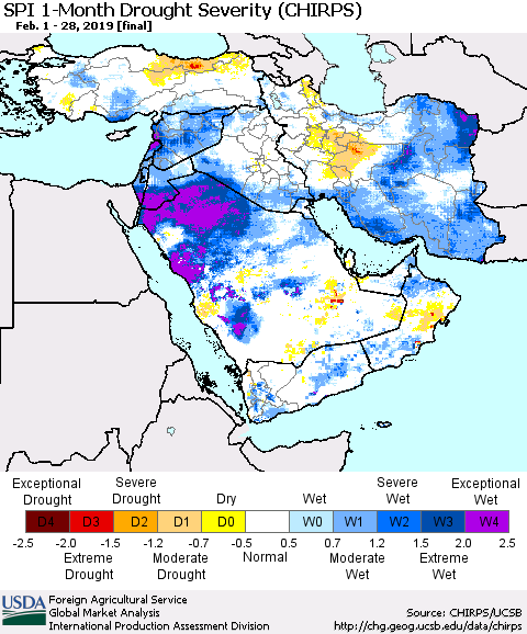 Middle East and Turkey SPI 1-Month Drought Severity (CHIRPS) Thematic Map For 2/1/2019 - 2/28/2019