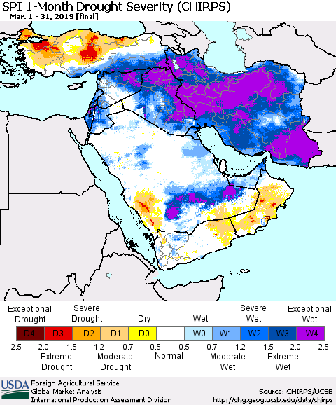 Middle East and Turkey SPI 1-Month Drought Severity (CHIRPS) Thematic Map For 3/1/2019 - 3/31/2019