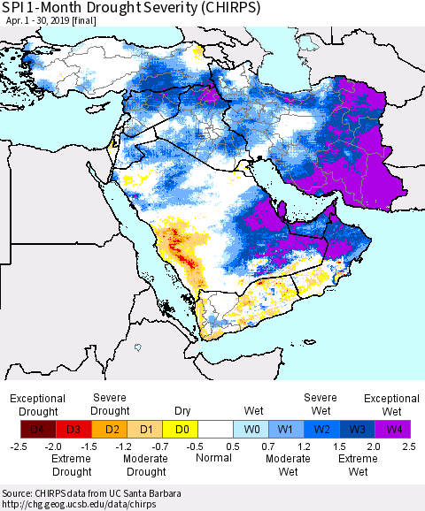 Middle East and Turkey SPI 1-Month Drought Severity (CHIRPS) Thematic Map For 4/1/2019 - 4/30/2019