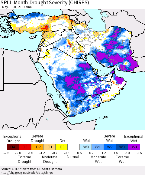 Middle East and Turkey SPI 1-Month Drought Severity (CHIRPS) Thematic Map For 5/1/2019 - 5/31/2019