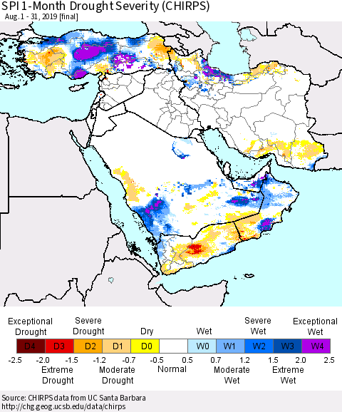 Middle East and Turkey SPI 1-Month Drought Severity (CHIRPS) Thematic Map For 8/1/2019 - 8/31/2019