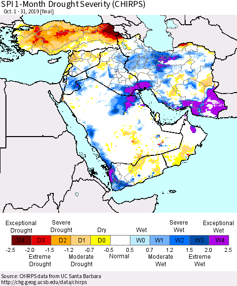 Middle East and Turkey SPI 1-Month Drought Severity (CHIRPS) Thematic Map For 10/1/2019 - 10/31/2019