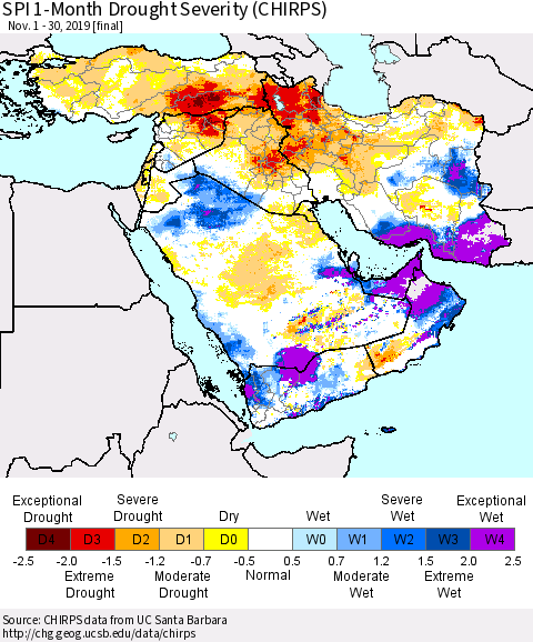 Middle East and Turkey SPI 1-Month Drought Severity (CHIRPS) Thematic Map For 11/1/2019 - 11/30/2019