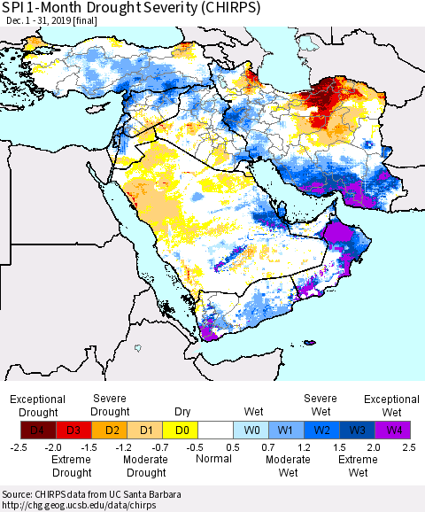 Middle East and Turkey SPI 1-Month Drought Severity (CHIRPS) Thematic Map For 12/1/2019 - 12/31/2019