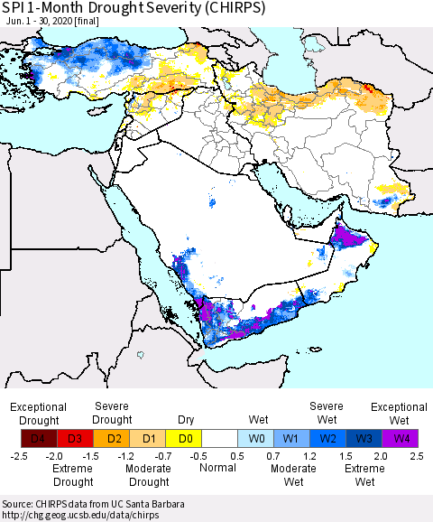 Middle East and Turkey SPI 1-Month Drought Severity (CHIRPS) Thematic Map For 6/1/2020 - 6/30/2020