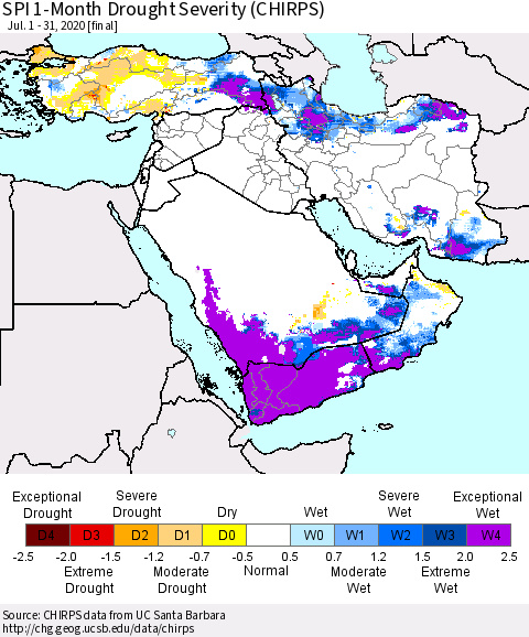 Middle East and Turkey SPI 1-Month Drought Severity (CHIRPS) Thematic Map For 7/1/2020 - 7/31/2020
