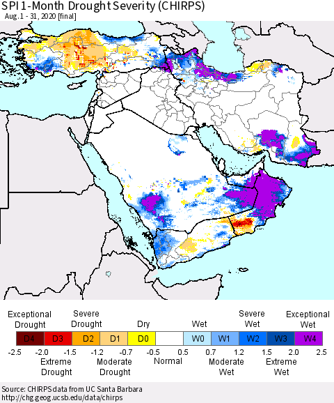Middle East and Turkey SPI 1-Month Drought Severity (CHIRPS) Thematic Map For 8/1/2020 - 8/31/2020