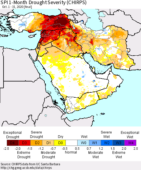 Middle East and Turkey SPI 1-Month Drought Severity (CHIRPS) Thematic Map For 10/1/2020 - 10/31/2020