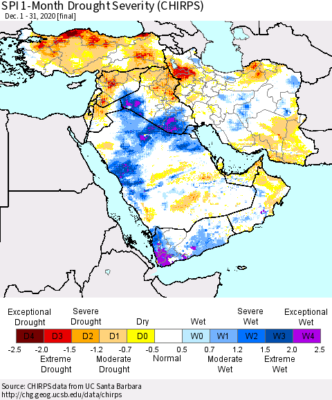 Middle East and Turkey SPI 1-Month Drought Severity (CHIRPS) Thematic Map For 12/1/2020 - 12/31/2020