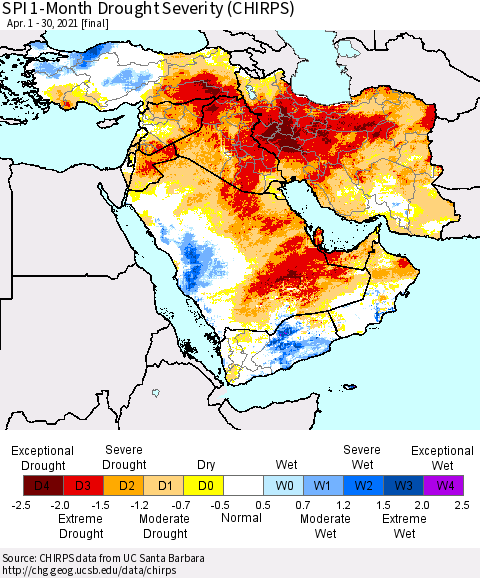 Middle East and Turkey SPI 1-Month Drought Severity (CHIRPS) Thematic Map For 4/1/2021 - 4/30/2021