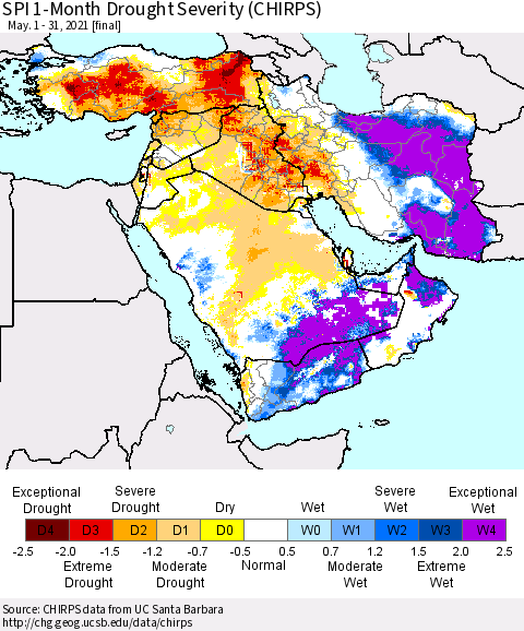 Middle East and Turkey SPI 1-Month Drought Severity (CHIRPS) Thematic Map For 5/1/2021 - 5/31/2021