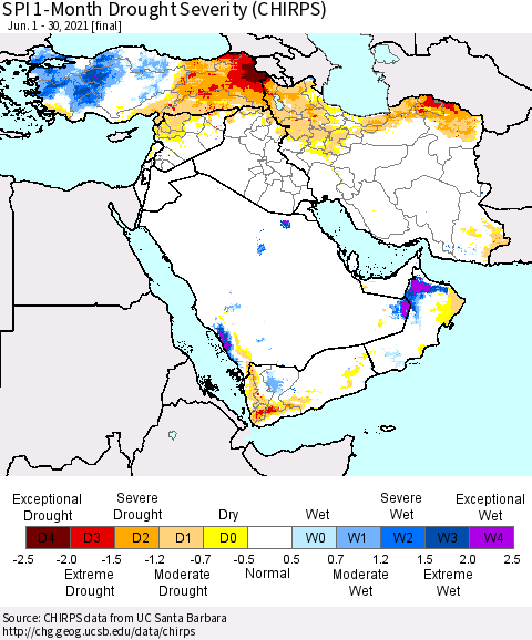 Middle East and Turkey SPI 1-Month Drought Severity (CHIRPS) Thematic Map For 6/1/2021 - 6/30/2021